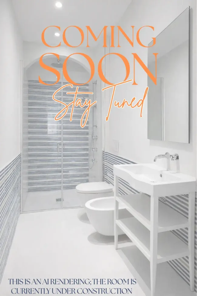 A bathroom with a shower and vanity, overlaid with the text "Coming Soon, Stay Tuned."