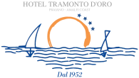Logo dell'Hotel Tramonto d'Oro con disegno stilizzato di barche a vela e tramonto.