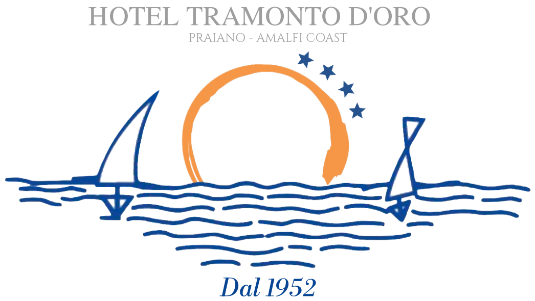 Logo dell'Hotel Tramonto d'Oro a Praiano, Costiera Amalfitana, con sole, mare e vele stilizzati.
